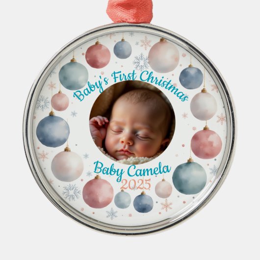 Baby's First Christmas 2025 Personalized Photo  Ornament Aus Metall (Vorne)