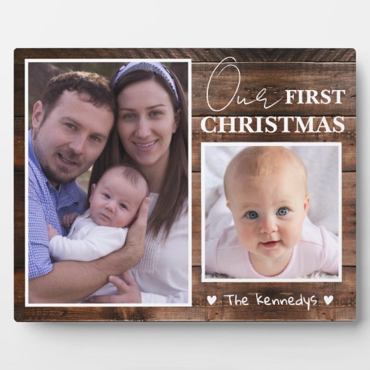 Baby's First Christmas 2 Foto Collage Rustic Wood Fotoplatte (Vorderseite)