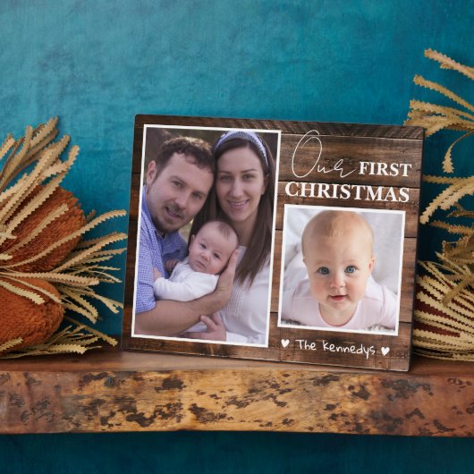 Baby's First Christmas 2 Foto Collage Rustic Wood Fotoplatte (Seite)