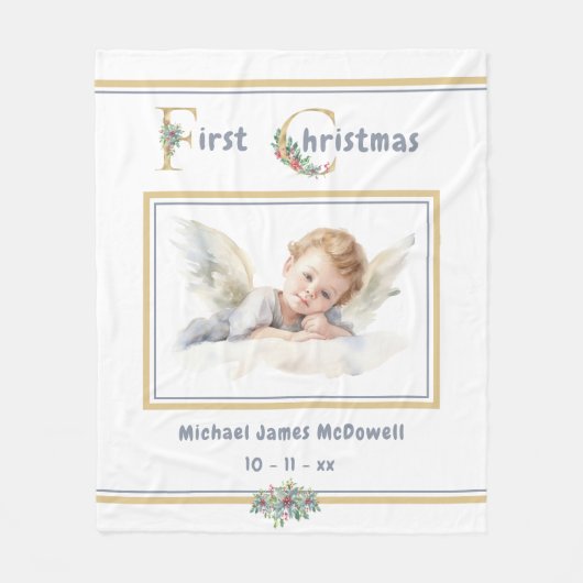 Baby's First Christmas Angel Gold White Christmas Fleecedecke (Vorderseite)