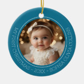 Baby's First Christmas Aquamarin Modern 2 Foto Neu Keramik Ornament (Vorne)