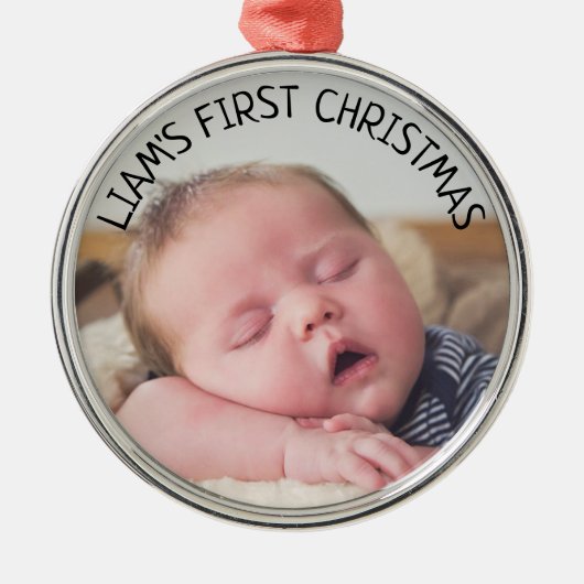 Baby's First Christmas Baby Foto Blue Christmas Ornament Aus Metall (Vorne)