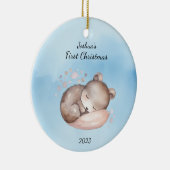 Baby's First Christmas Bear Blue Personalisiert Keramik Ornament (Rechts)
