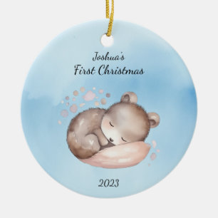 Baby's First Christmas Bear Blue Personalisiert Keramik Ornament