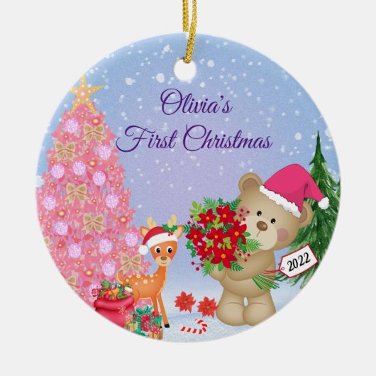 Baby's First Christmas Bear Personalisiert Keramik Ornament (Vorne)