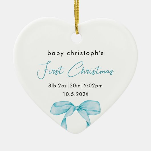 Baby's First Christmas Birth Stats Foto Bow Keramik Ornament (Vorne)
