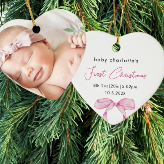 Baby's First Christmas Birth Stats Foto Pink Bow Keramik Ornament