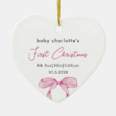 Baby's First Christmas Birth Stats Foto Pink Bow Keramik Ornament (Vorne)