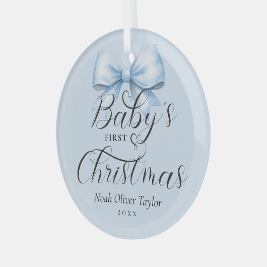 Baby's First Christmas Blue Bow Keepake Ornament Aus Glas (Vorderseite links)