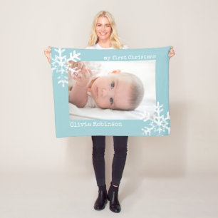 Baby's First Christmas Blue Foto mit Schneeflocken Fleecedecke
