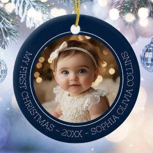 Baby's First Christmas Blue Modern 2 Foto Newborn Keramik Ornament