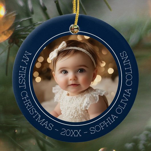 Baby's First Christmas Blue Modern 2 Foto Newborn Keramik Ornament