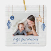 Baby's First Christmas Blue Seashell Holiday Foto Keramikornament (Vorderseite)