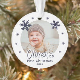 Baby's First Christmas Blue Snowflakes Foto Ornament