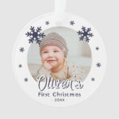 Baby's First Christmas Blue Snowflakes Foto Ornament (Vorderseite)
