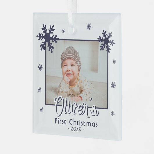 Baby's First Christmas Blue Snowflakes Foto Ornament Aus Glas (Vorderseite links)