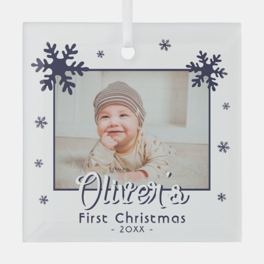 Baby's First Christmas Blue Snowflakes Foto Ornament Aus Glas (Vorderseite)