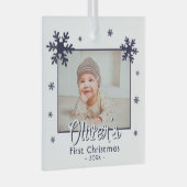 Baby's First Christmas Blue Snowflakes Foto Ornament Aus Glas (Vorderseite Rechts)