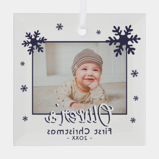 Baby's First Christmas Blue Snowflakes Foto Ornament Aus Glas (Rückseite)