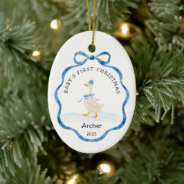 Babys First Christmas Blue Watercolor Ribbon Goose Keramik Ornament