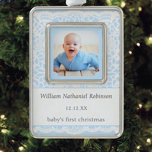 Baby's First Christmas Blue White Lace Photo Rahmen-Ornament Silber