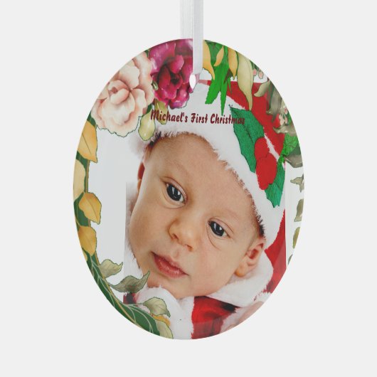 Baby's First Christmas Blumenreath Custom Foto Ornament Aus Glas (Vorderseite Rechts)
