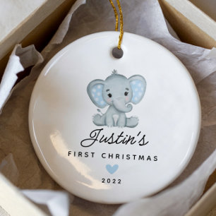 Baby's First Christmas Boy Elephant 2 Sided Foto Keramik Ornament