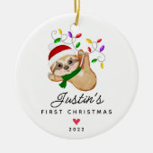 Baby's First Christmas Boy Sloth 2 Sided Foto Keramik Ornament (Vorne)