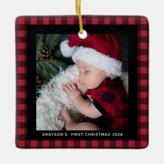 Baby's First Christmas Buffalo Kariert 2 Foto Keramikornament (Vorderseite)