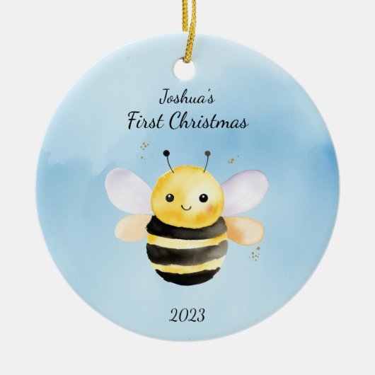 Baby's First Christmas BumbleBee Blue Personalisie Keramik Ornament (Vorne)