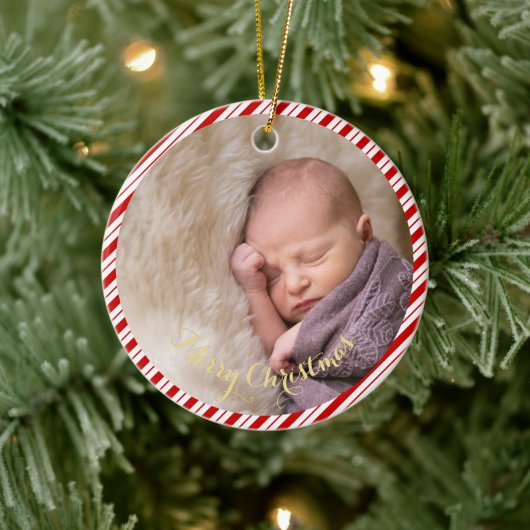 Baby's First Christmas Candy Cane Stripes Foto Keramik Ornament (Baum)