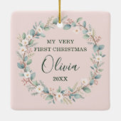Baby's First Christmas Classic Blumenrahmen Pink Keramikornament (Rückseite)