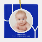 Baby's First Christmas Custom Foto Blue Keramikornament (Vorderseite)