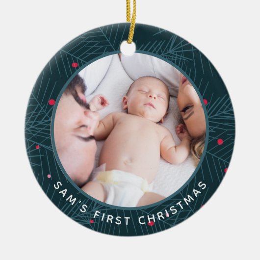 Baby's First Christmas Custom Foto Modern Spruce Keramik Ornament (Vorne)