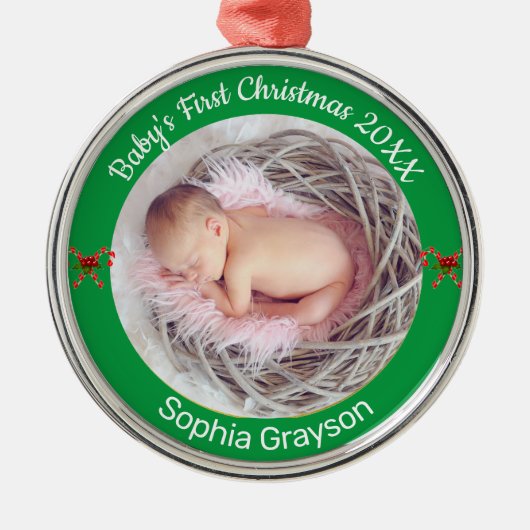 Baby's First Christmas Custom Foto Ornament Aus Metall (Vorne)