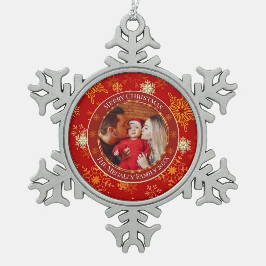 Baby's First Christmas Custom Name Photo Keepsake Schneeflocken Zinn-Ornament (Vorderseite)