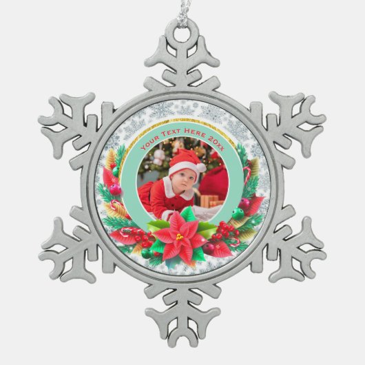 Baby's First Christmas Custom Name Photo Keepsake Schneeflocken Zinn-Ornament (Vorderseite)