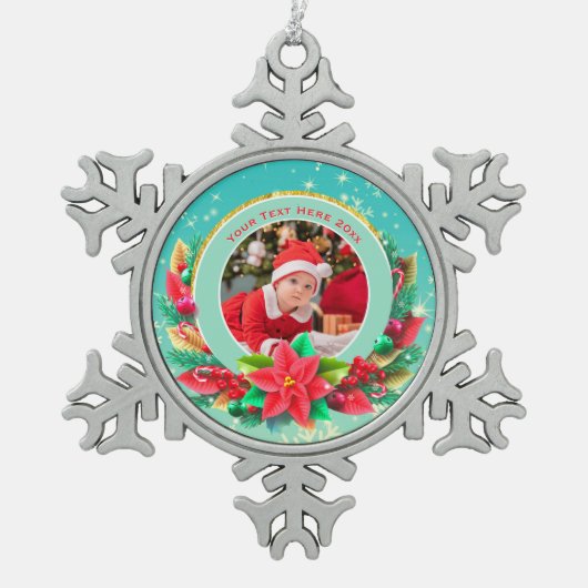 Baby's First Christmas Custom Name Photo Keepsake Schneeflocken Zinn-Ornament (Vorderseite)