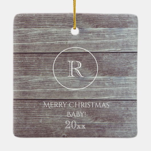 Baby's First Christmas Dark Wood Picture Monogram2 Keramikornament (Rückseite)