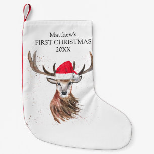 Baby's First Christmas Deer Watercolor Forest Boy Kleiner Weihnachtsstrumpf