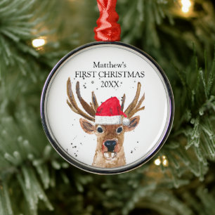 Baby's First Christmas Deer Watercolor Forest Boy Ornament Aus Metall