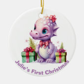 Baby's First Christmas Dinosaurier. Personalisierb Keramik Ornament (Vorne)