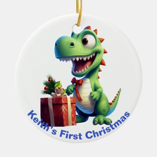 Baby's First Christmas Dinosaurier. Personalisierb Keramik Ornament (Vorne)