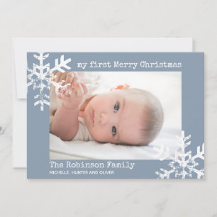 Baby's First Christmas Dusty Blue Foto Schneeflock Feiertagskarte