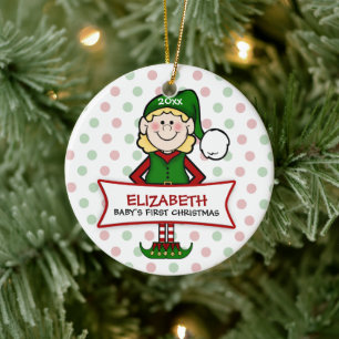 Baby's First Christmas Elf Girl Keramikornament