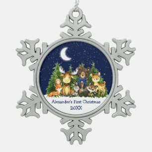 Baby's First Christmas Forest Animals Blue Bow Schneeflocken Zinn-Ornament