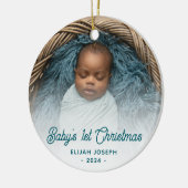 Baby's First Christmas Foto Aquamarin Retro Script Keramik Ornament (Links)