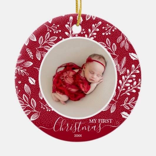 Baby's First Christmas Foto auf Cranberry Keramik Ornament (Vorne)