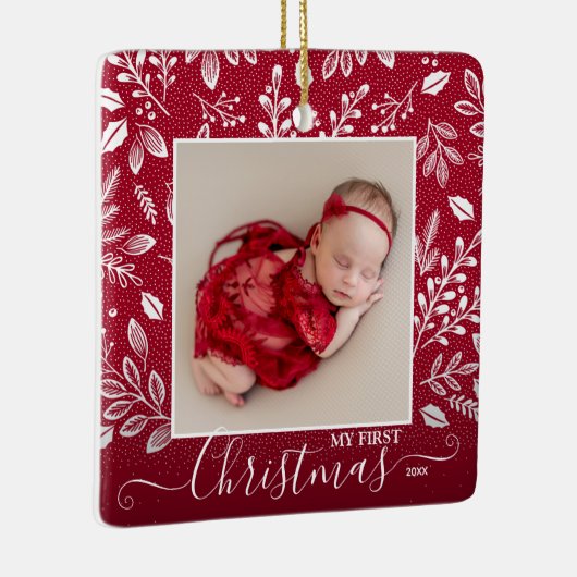 Baby's First Christmas Foto auf Cranberry Keramikornament (Rechts)