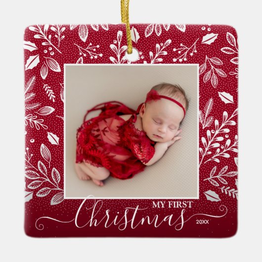 Baby's First Christmas Foto auf Cranberry Keramikornament (Vorderseite)